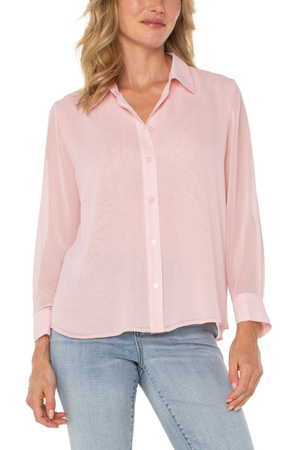 Long Sleeve Woven Shirt w/ Pleat Back Detail