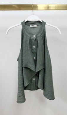 Linen Ruffled Button Down Sleeveless Top