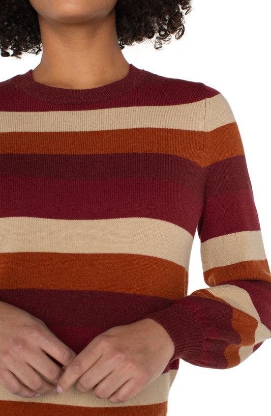 Long Sleeve Crew Neck Sweater - Burgundy Multi Stripe - BAY WINDOW