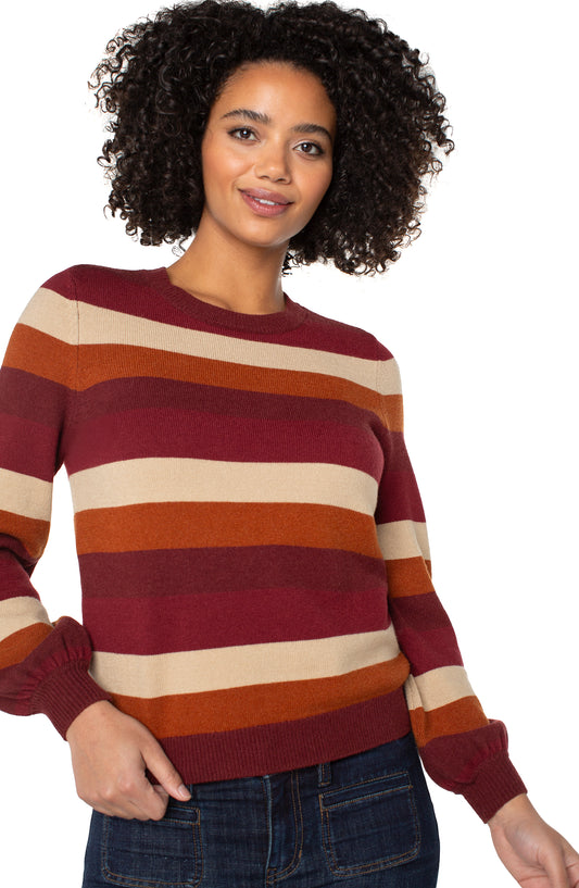 Long Sleeve Crew Neck Sweater - Burgundy Multi Stripe - BAY WINDOW