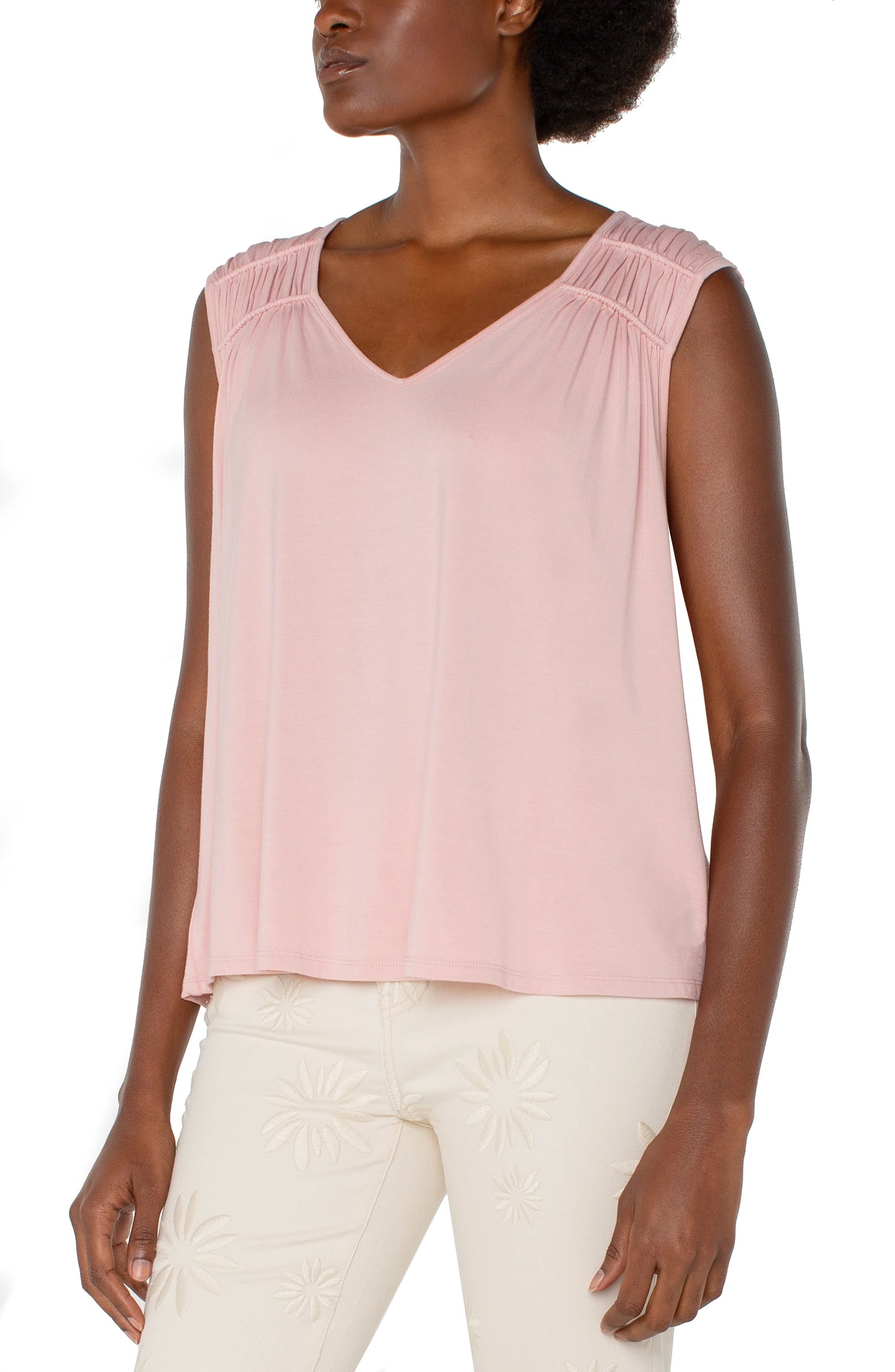 Sleeveless Shirred Detail Knit Top - Soft Pink