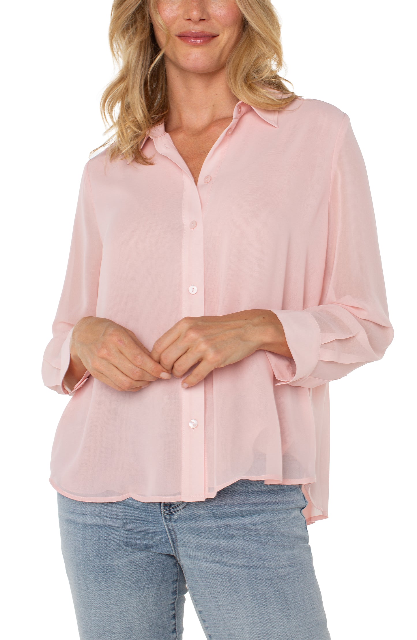 Long Sleeve Woven Shirt w/ Pleat Back Detail