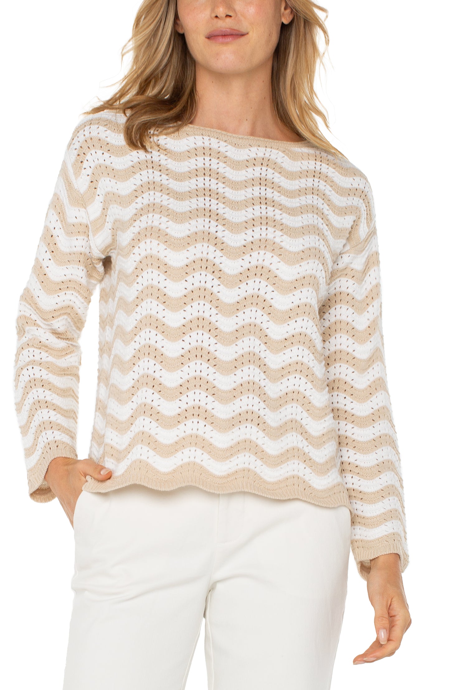 Long Sleeve Boat Neck Scallop Hem Sweater - Tan/Ivory