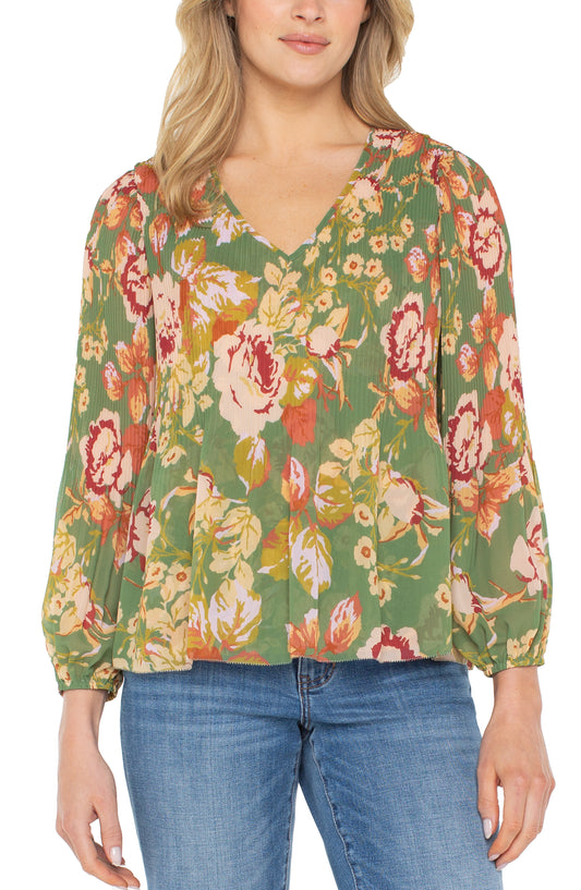 Long Sleeve V-Neck Pleated Top - Green Multi Floral - BAY WINDOW