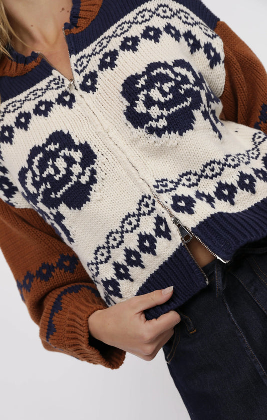 Sweet Rose Jacquard Zip Sweater Jacket - Ivory Multi
