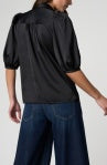 Elbow Length Puff Sleeve Button Front Woven Top - Black
