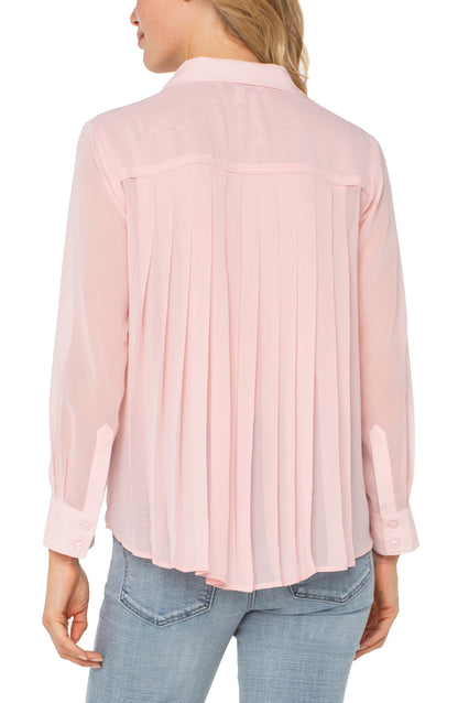 Long Sleeve Woven Shirt w/ Pleat Back Detail