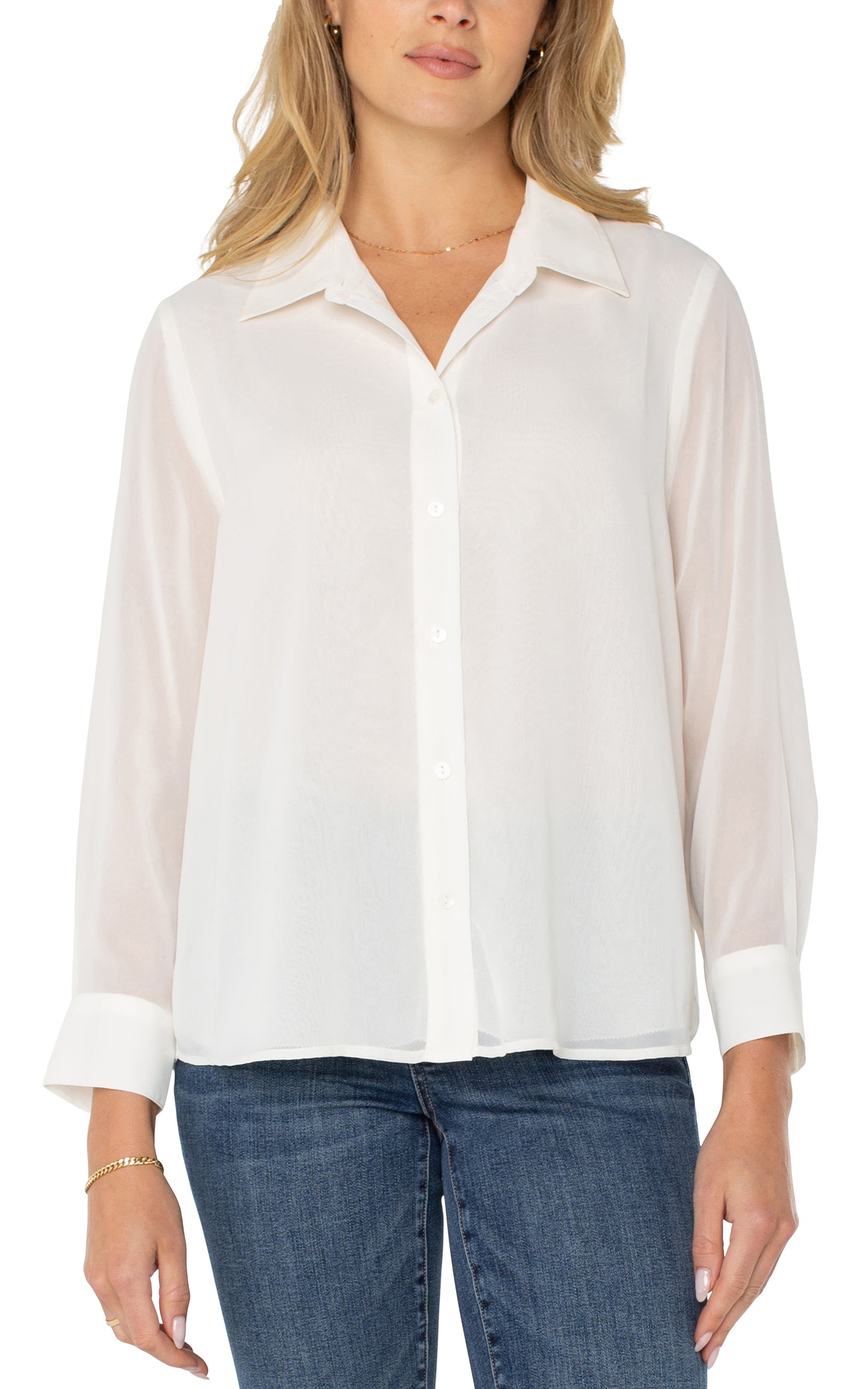 Long Sleeve Woven Shirt w/ Pleat Back Detail