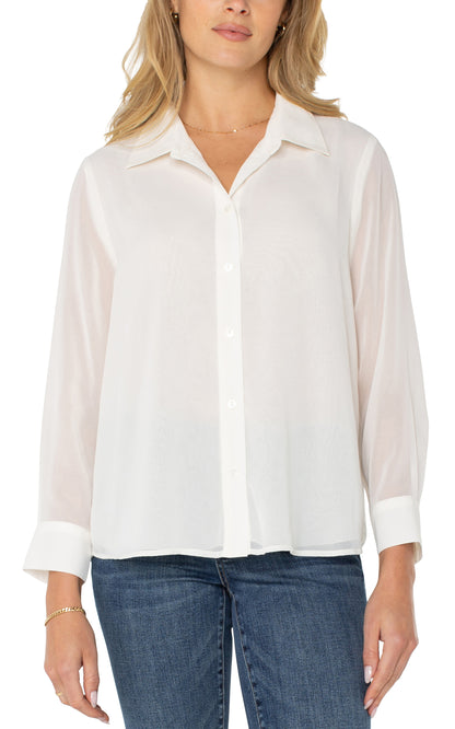 Long Sleeve Woven Shirt w/ Pleat Back Detail