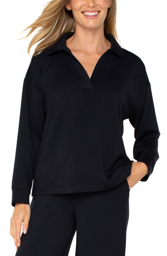 V-Neck Popover w/ Collar - Black - BAY WINDOW