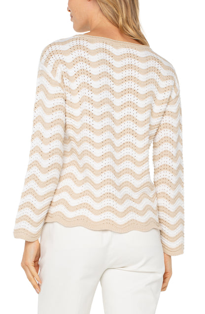 Long Sleeve Boat Neck Scallop Hem Sweater - Tan/Ivory