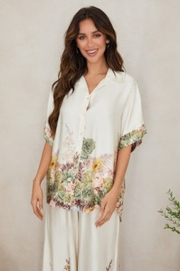 Floral Silky Button Down Collar Top
