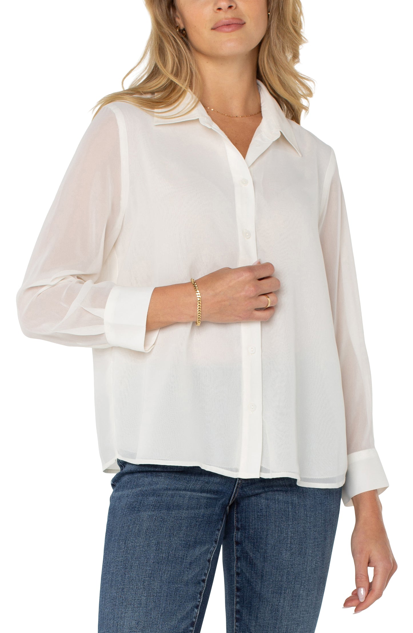 Long Sleeve Woven Shirt w/ Pleat Back Detail