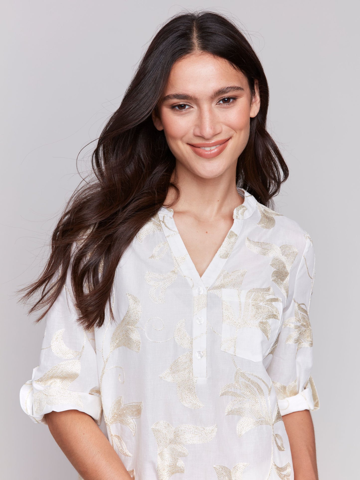 Embroidered Roll Up 3/4 Sleeve Popover Blouse - Gold