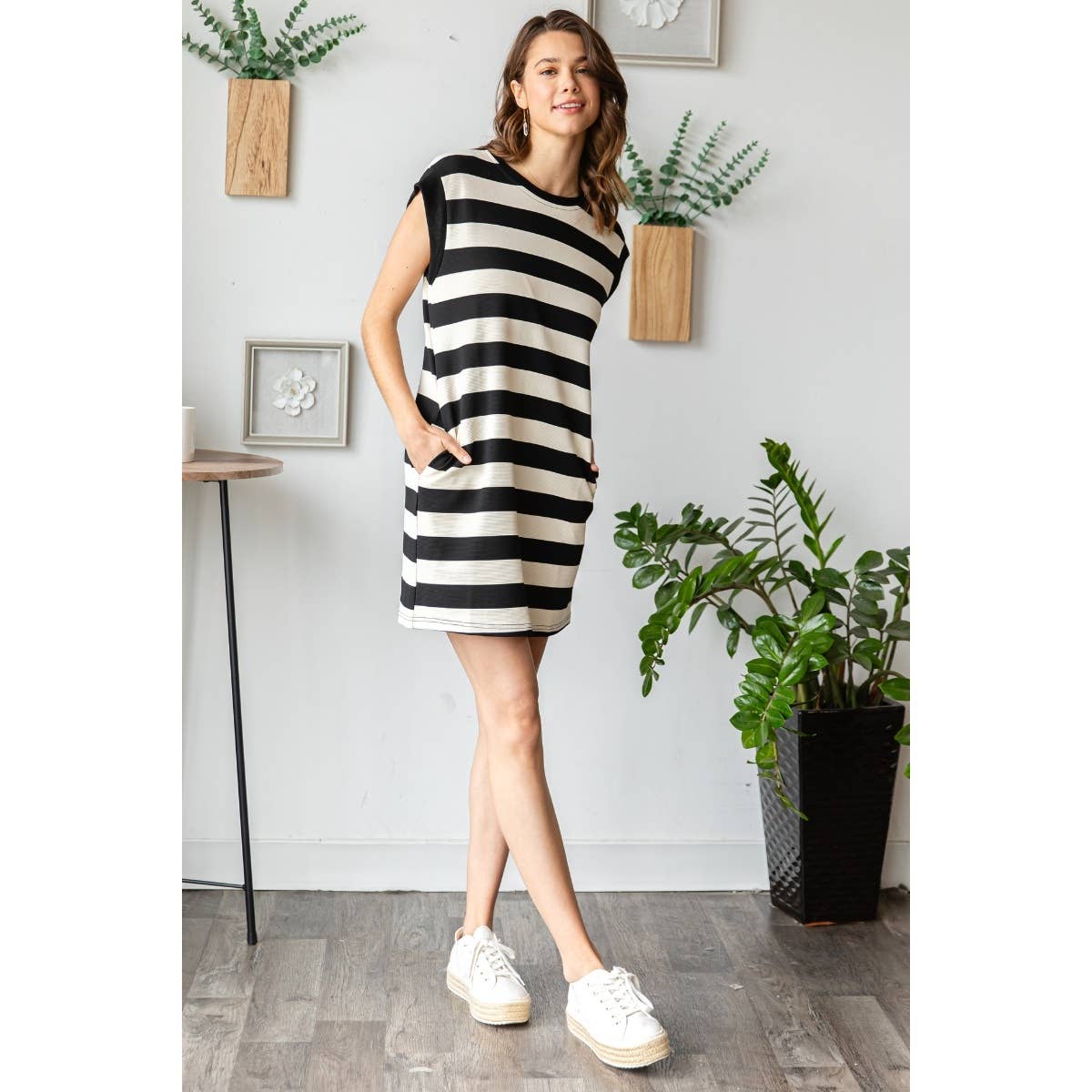 Bold Stripe Texture Knit Pullover Short Dress - BAY WINDOW