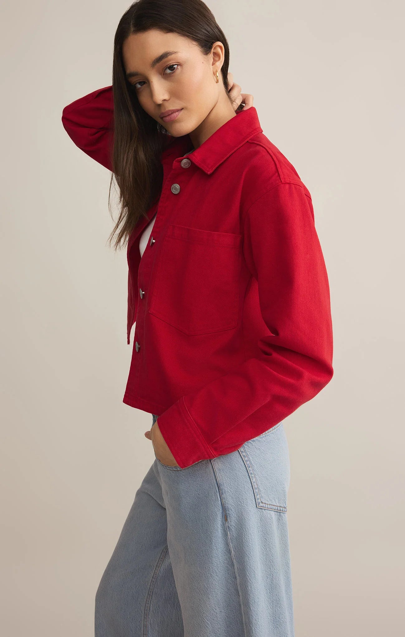 All Day Cropped Denim Jacket - Cherry - BAY WINDOW